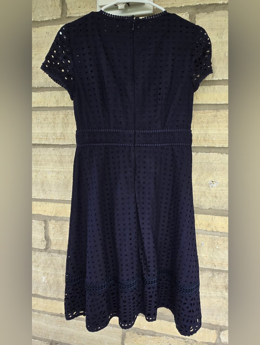 Ann Taylor Mixed Eyelet Flare Dress Cutout Details 0 Navy Wedding Work Event - Picture 2 of 14